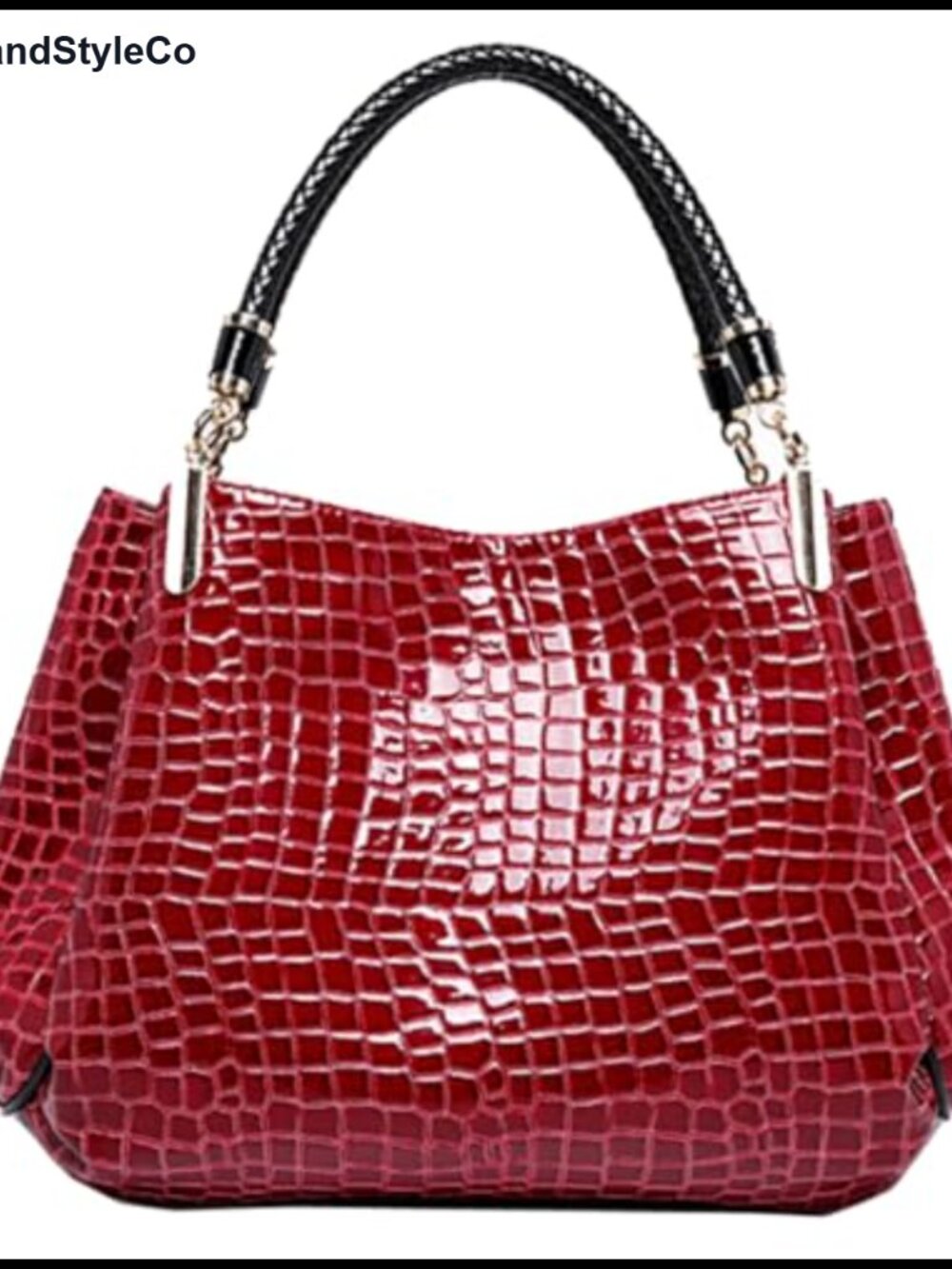 Patent Leather Hobo Tote with Stone Pattern, Adjustable Shoulder Strap,